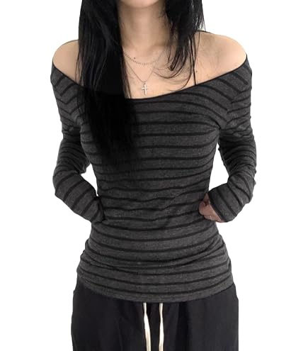 Women Striped Long Sleeve Grunge Shirt Tops Off The Shoulder Y2K